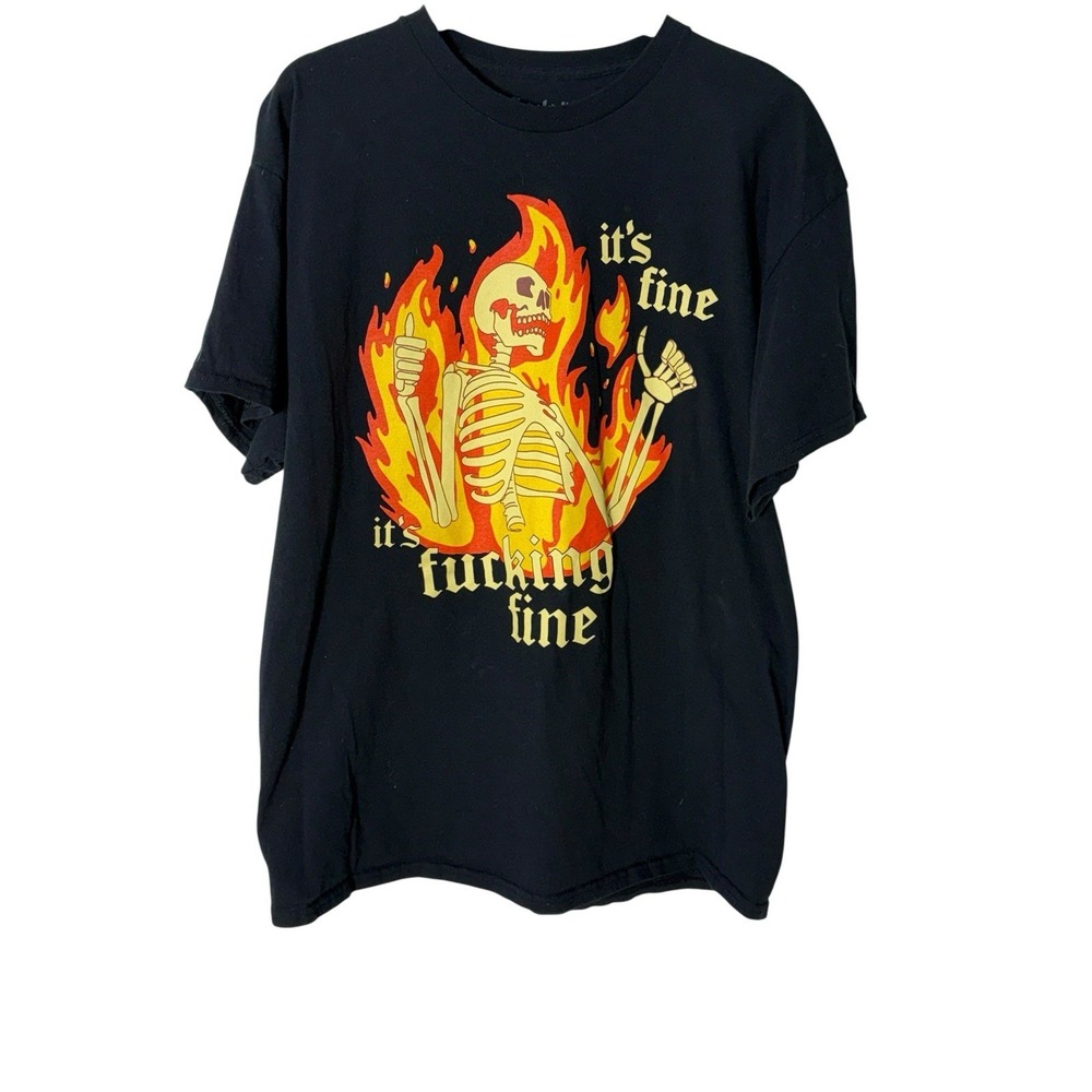 Spencers "It's Fine, It's F*king Fine" Flame Skeleton Black Graphic T-Shirt‎ XL